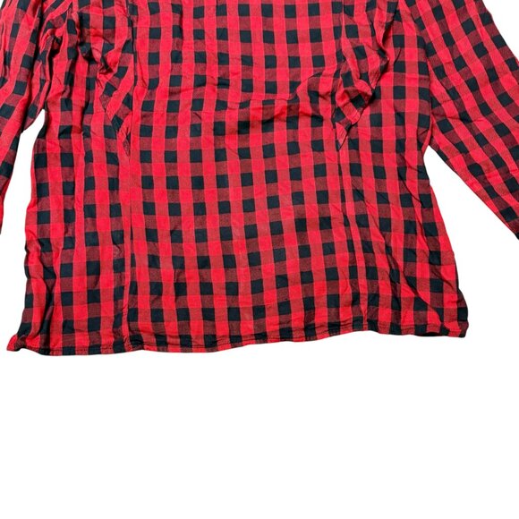 beachlunchlounge Red Black Lumberjack Plaid Ruffle Front Blouse Size Large - Picture 6 of 8